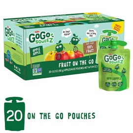 GoGo squeeZ Applesauce, Apple Apple, 3.2 oz (20 Pouches), Gluten Free, Vegan Friendly, Unsweetened Applesauce, Recloseable, BPA Free Pouches
