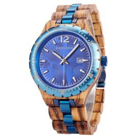 BOBO BIRD Men’s Wooden Watch 1.69in (43mm) Case, Japanese Quartz Movement, Rose Red, Blue & Black Dial Options – Natural Zebra & Ebony Wood Band, Date Display (Blue)