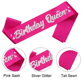 FSJJLLU ‘Birthday Queen' Birthday Sash Hot Pink with Glitter Silver Letters-Birthday Sash for Women,21st 30th 40th 50th Birthday Sash