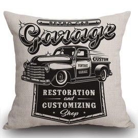 Smooffly Throw Pillow Cover Home Decor Retro Car Repair Garage Sign with Retro Style Truck Pillow Case Decorative 18 x 18 Inches Outdoor Cushion Couch Sofa Pillowcase
