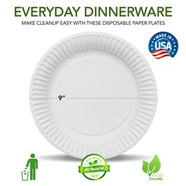 Stock Your Home 9-Inch Paper Plates Uncoated, Everyday Disposable Plates 9" Paper Plate Bulk, White, 100 Count
