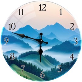 Britimes Round Wall Clock Silent Non-Ticking Battery Operated Glass Decorative Clock 12 Inch, Green Forest Mountain Home Decor for Living Room, Kitchen, Bathroom, Bedroom, and Office