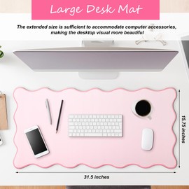 Hahafelt Scalloped Desk Mat Large Scalloped Piping Cute Desk Mat Aesthetic Preppy Table Pad Large Nonslip Pad with Edge Stitching Waterproof Gaming(Pink,31.5 x 15.75 Inches)