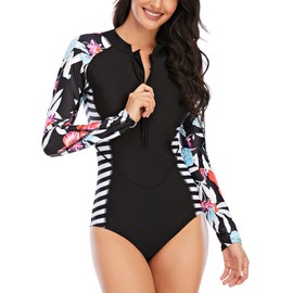 Mingnos Women's Swimwear One Pieces Rash Guards Long Sleeve Zipper Surfing Bathing Suit (White+Blue, L)