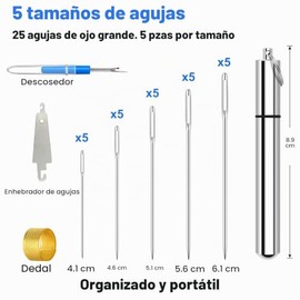 KYUEWRT - 25 agujas de bordado de ojos grandes, 5 tamaños, agujas de coser a mano, en tubo de almacenamiento de aluminio