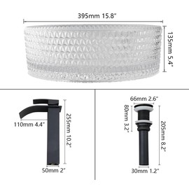 KECTIAKL Crystal Bathroom Vessel Sink with Faucet and Drain Combo,Diamond Shaped Clear Tempered Glass Vessel Sink Above Counter Round Sink Bowl Art Basin