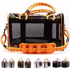 Buddys Best Airline Approved Pet Carrier  Camo militar y naranja para perro o gato, se adapta debajo del asiento, cumple con la TSA, diseño de malla
