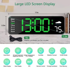 Digital Wall Clock with Remote Control, Large Display Plug in LED Digital Alarm Clock with 12/24Hr, Date, Week, Temperature, DST, Digital Clock for Living Room, Bedroom, Office Wall Decor (Green)