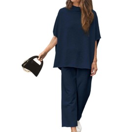InterNos Womens Slouchy Capelet Crew Neck 3/4 Batwing Sleeves Tracksuits Wide Leg Pants Short Lounge Set(0905-NavyBlue-XL), X-Large