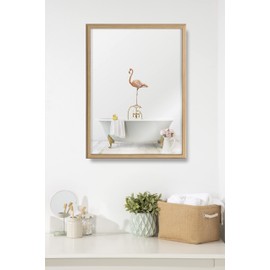 Kate and Laurel Blake Flamingo Cottage Bathroom Framed Printed Glass Wall Art by Amy Peterson Art Studio, 18x24 Natural, Decorative Flamingo Art for Wall