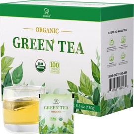 Soeos Soeos Organic Green Tea, 100 Tea Bags (Pack of 1), Caffeinated, Low Caffeine, Fresh and Healthy Green Tea, 6.3 Ounce