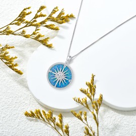 SLIACETE Compass Necklace for Women 925 Sterling Silver Rising Sun with Blue Opal Valentine's Day Gift Travel Christmas Gifts for Her