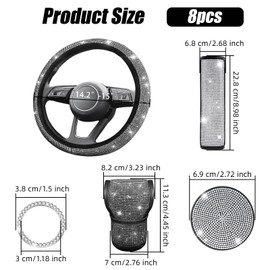 AMZAUTO 8 PCS Bling Car Accessories Set for Women, 15 Inch Steering Wheel Cover, Bling Shift Protector, Sparkly Seat Belt Covers, Car Cup Coasters, Cute Auto Interior Decor Set (Silver Diamond)