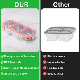 Juome Stainless Steel Snack Containers, Reusable 3 Compartment Snack Containers with Lids for Kids, Divided Food Storage Containers Condiment Box Sauce Cups for School, Travel, Home