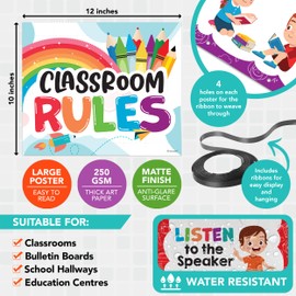 Decorably 12 Hanging Colorful Classroom Rules Preschool Posters with Accompanying Ribbon, 12x10in Matte-Laminated Inspirational Classroom Rules Poster Elementary School
