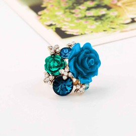 Aloluo CZ Rose Flower Resin Gemstone Statement Rings for Women Cubic Zirconia Adjustable Expandable Open Band Finger Ring Fashion Christmas Birthday Wedding Jewelry Gift, Enamel, Cubic Zirconia