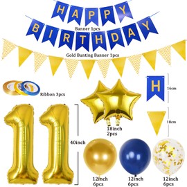 11th Birthday Decorations Boys, Navy Blue Gold Balloons and Happy Birthday Banner, 40 Inch Number 11 Foil Birthday Balloons with Birthday Bunting, for Boys Girls Birthday Decoration
