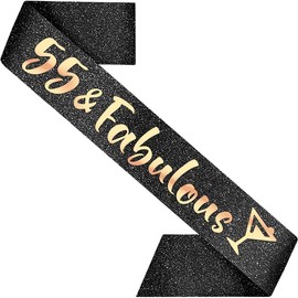 PartyForever 55th Birthday Sash 55 and Fabulous Decorations for Her Made of Rose Gold Glitter Fabric with Black Letters for Women