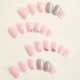 24 Pcs Pink Press on Nails Short Square - MINGCHUN Autumn Winter Fake Nails Press ons Arcylic Full Cover French False Nails with Glitter Leaves Design Glue on Nails Nail Art Tip for Women Girls