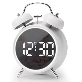 JUSTUP Digital Small Alarm Clock, 4.5 Inch Double Bell Electronic LED Alarm Clock, Plug in or Battery Operated Silent Metal Table Clock, Bedside Loud Bell Clock for Heavy Sleepers Adults Kids (White)