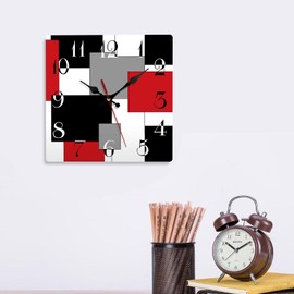ArtSocket Wooden Wall Clock, 10 Inch, Silent, Non-Ticking, Grey Red Black Abstract Geometric Minimalist Checkered Square Rustic Wall Clock, Battery Operated