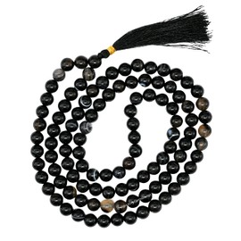 Black Banded Agate Sulemani Hakik Stone Buddhist Prayer Beads Japa Mala with 108 Meditation Beads (Without Knots)