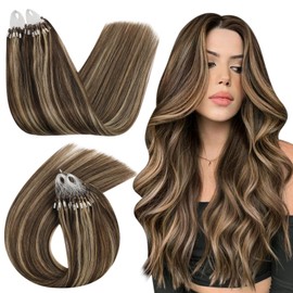 Ugeat Microlink Hair Extensions Human Hair Brown Microbead Pre Bonded Hair Extensions Dark Brown Highlights Caramel Blonde Microloop Human Hair Bundles 14inch 50G