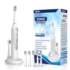 Sonic Electric Toothbrush for Adults with 5 Toothbrush Replacement Heads, 3 Brushing Modes & 2 Minutes Built-in Timer, Travel Toothbrushes with Inductive Charging, Rechargeable toothbrush | White