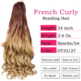 French Curly Braiding Hair 24 Inch 8 Packs - Pre Stretched Bouncy Braiding Hair- Loose Wavy Synthetic Hair Extensions for Black Women (24 inch 8 packs OT33/27)