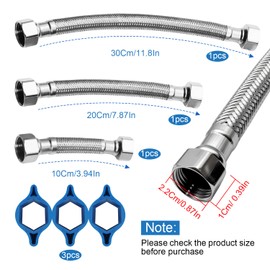3 Stück 10cm, 20cm, 30cm Flexschlauch 1/2 Zoll, Überwurf Beidseitig Panzerschlauch 1/2 Zoll Edelstahlumflechtung Anschlussschlauch Armatur Flexibler Verbindungsschlauch für Wasserhahn Eckventil Bad WC