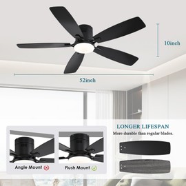 Ayaoty Ceiling Fans with Lights, 52 inch Low Profile Ceiling Fan with Light and Remote Control, Flush Mount, Reversible Motor, Dimmable, Noiseless, Black Ceiling Fan for Bedroom, Indoor/Outdoor Use
