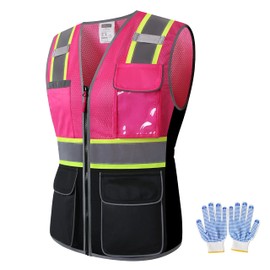 JKWEARSA Safety Vest For Women,High Visibility Reflective Work Vest With Multi Pockets And Zipper,Pink and Black,Large