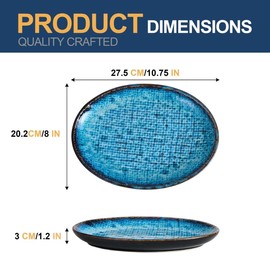 TAUFIKT Ceramic Dinner Plates Set of 4, Handmade Stoneware Plate Set for 4,11 Inch Large Porcelain Pasta and Salad Plates, Deep Ellipse Dishes for Home Decor, Microwave,Oven,and Dishwasher Safe, Blue