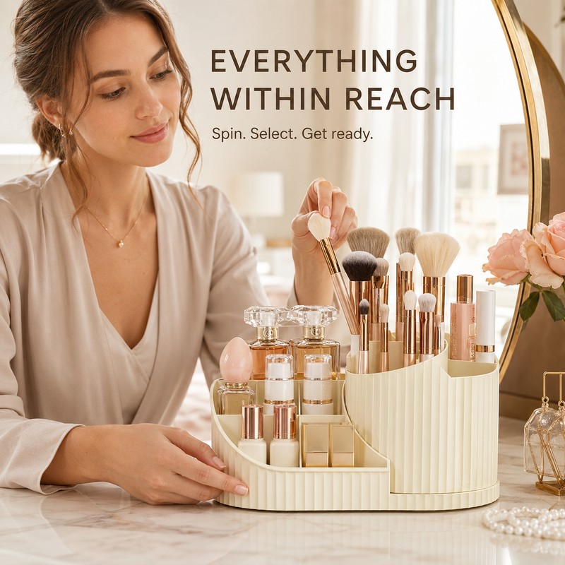 360° Rotating Makeup Organizer with Brush Holder, Acrylic Vanity Cosmetic