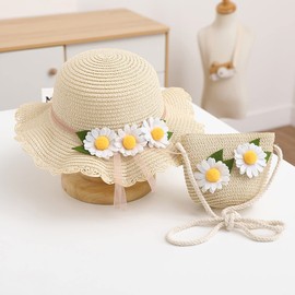 rismart Toddler Girl Summer Straw Wide Brim Beach Hat with Flower and Shoulder Purse Bag Creamy White - White Flower