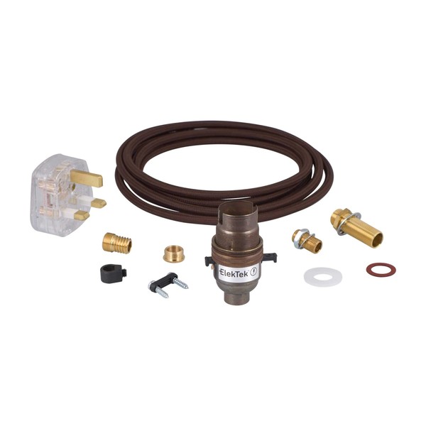 ElekTek Premium Lamp Kit Antique Brass Safety Switch B22 Lamp Holder with Round Brown Flex and 3A UK Plug