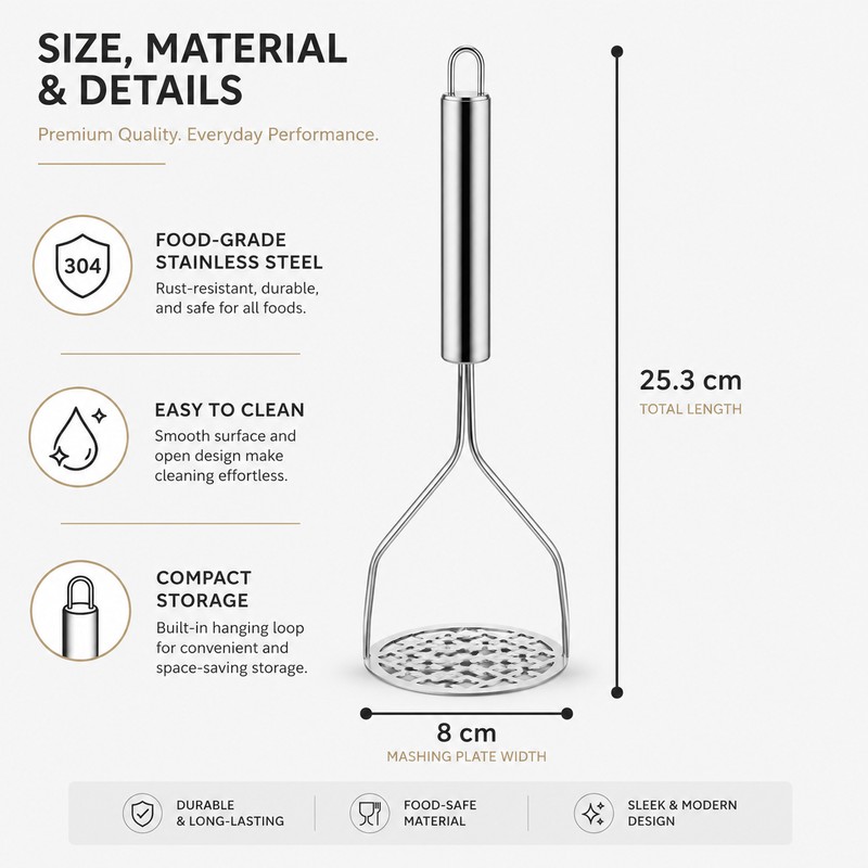 Stainless Steel Potato Masher for Smooth Purees – Ergonomic Hand