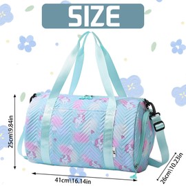 Children's Sports Bag, 25 L Unicorn Swimming Bag, Yoga Bag, Travel Bag, Girls' Waterproof Gym Bag, Sports Backpack, Training Bag with Shoe Compartment & Wet Compartment, Green, Green