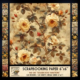 FLONZ Scrapbook Paper (24 sheets 6"x6") Golden Rose Variations ~ Vintage-style floral patterns with sepia and vivid tones, digitally rendered to mimic traditional textile and wallpaper print