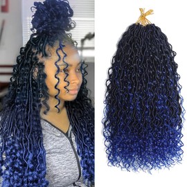 1B/Blue Faux Locs Crochet with Curly Ends 8 Packs Goddess Locs Crochet Hair Pre Looped Crochet Braids Synthetic Hippie Locs Hair Extentions (1B/Blue,18 Inch)