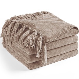 LONG CREATE Chenille Throw Blanket for Couch 60"X 80" Twin, Soft Cozy Throw Blanket with Fringe Tassel for Bed Sofa Chair, Lightweight Knitted Decorative Farmhouse Boho Blanket for Gift, Taupe