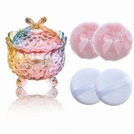 Qopoto 5 Pieces Large Body Powder Puff and Powder Container, Crystal Case for Dust Puff, Powder applicator with Box for Face and Body (Color, Butterfly)
