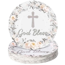 Zopeal 80 Pcs 7 Inch Baptism Plates God Bless Baptism Decorations First Holy Communion Tableware Disposable Plates for Baby Shower Newborn Christening Religious Church Party Decorations(Silver Style)
