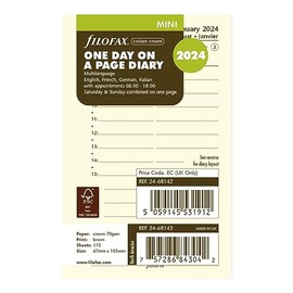 Filofax Calendar Diary Refill, Mini Size, Day on One Page with Appointments, Ruled, Cotton Cream Paper, Multilingual: Four Languages, 2024 (C68142-24)