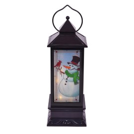 Traditional Snowman with Cardinal Pre Lit LED Stained Glass Style Lantern, Black, 11 Inch, for Tabletop or Hanging