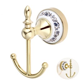 DRELD Modern Decorative Coat Hooks Made of Zinc Alloy and Ceramic, Nostalgia Retro Towel Hooks, Ceramic Towel Hooks, Antique Ceramic Hooks, Country House Style Coat Hooks for Bathroom (Gold)