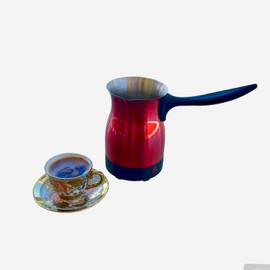 Electric Turkish Coffee Maker Warmer Kettle Pot Premium Quality Stainless Steel Cool Touch Handle Travel Size, Fast Boil & Keeps Water Boiling for Arabic & Greek Coffee, Tea, & Hot Drinks 0.3L (RED)
