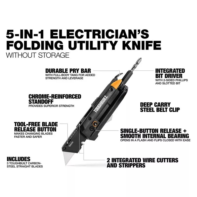 ToughBuilt TB-H4-12-IM Electricians Folding Utility Knife 5-in-1 Multi Tool