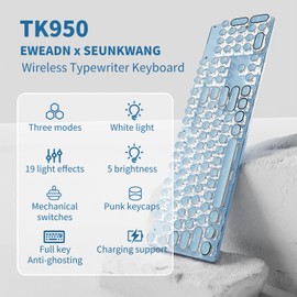 SEUNKWANG EWEADN TK950 Typewriter Keyboard Wireless Mechanical Keyboard, 104 Keys Aesthetic Typewriter Keyboards with White Backlit, Anti-Ghosting, Blue Switch Bluetooth/2.4GHz/Wired Keyboards-Blue
