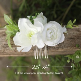 Fangsen Silver Wedding Rose Bridal Flower Hair Comb Headpiece for Wedding Photo Shoot Prom Party Festival (White)